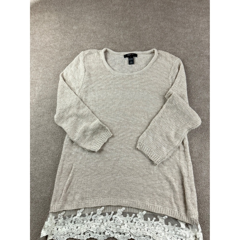 Style & Co Womens Beige Knit Sweater Lace Trim Hem 3/4 Sleeve Crew Neck Large